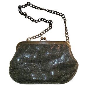 Express Women's Black Sequin Shoulder Clutch Purse with Kiss lock Closure.
